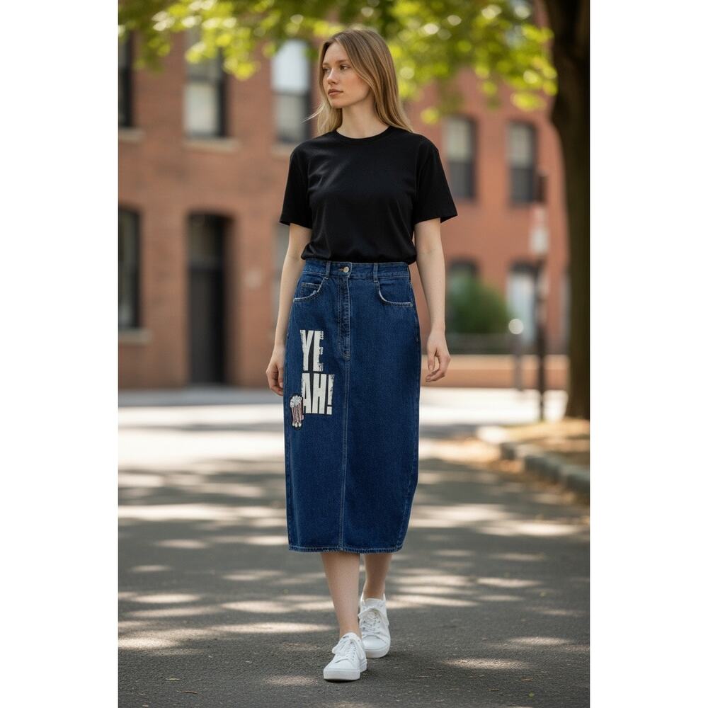 Zara Denim Midi Skirt Size XS Popcorn Sequin Patch in Dark Wash